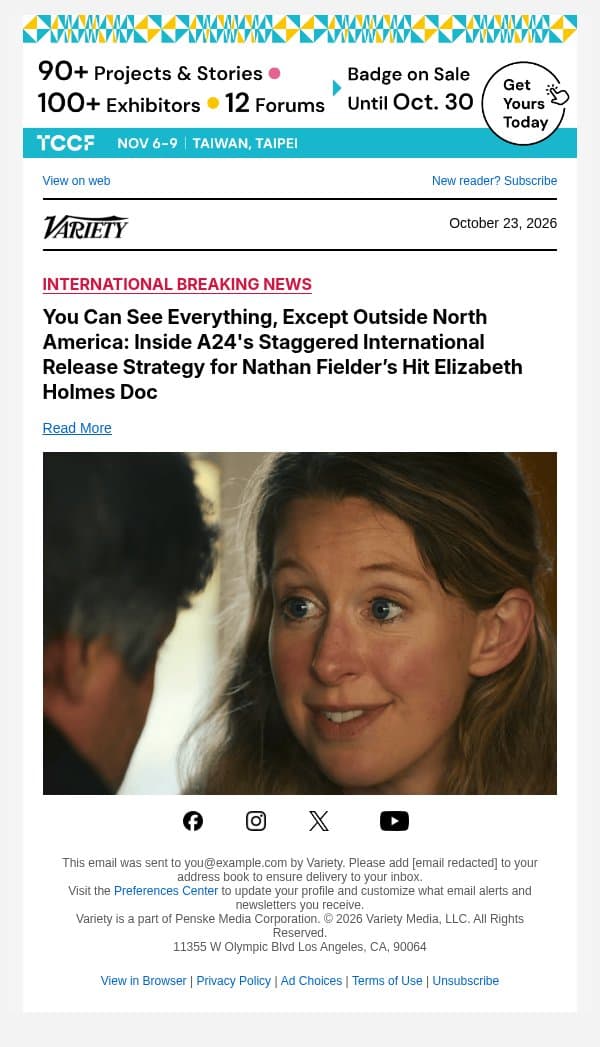 You Can See Everything, Except Outside North America: Inside A24's Staggered International Release Strategy for Nathan Fielder’s Hit Elizabeth Holmes Doc email from Variety screenshot