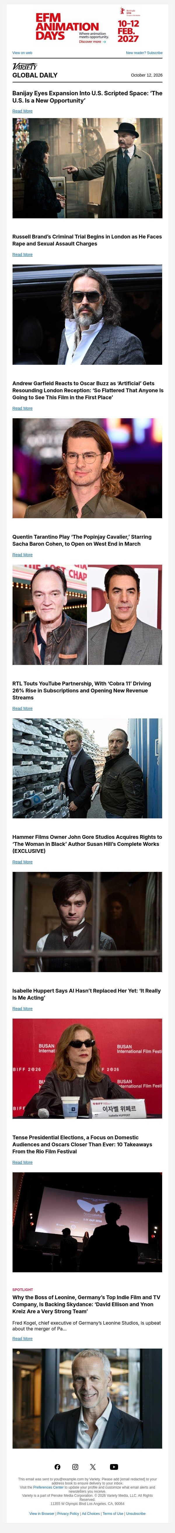 Banijay's U.S. Scripted Ambition; Russell Brand's Trial Begins; Andrew Garfield on Oscar Buzz email from Variety screenshot