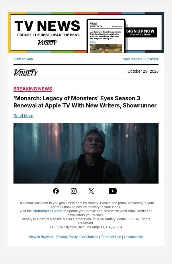 'Monarch: Legacy of Monsters' Eyes Season 3 Renewal at Apple TV With New Writers, Showrunner email from Variety screenshot