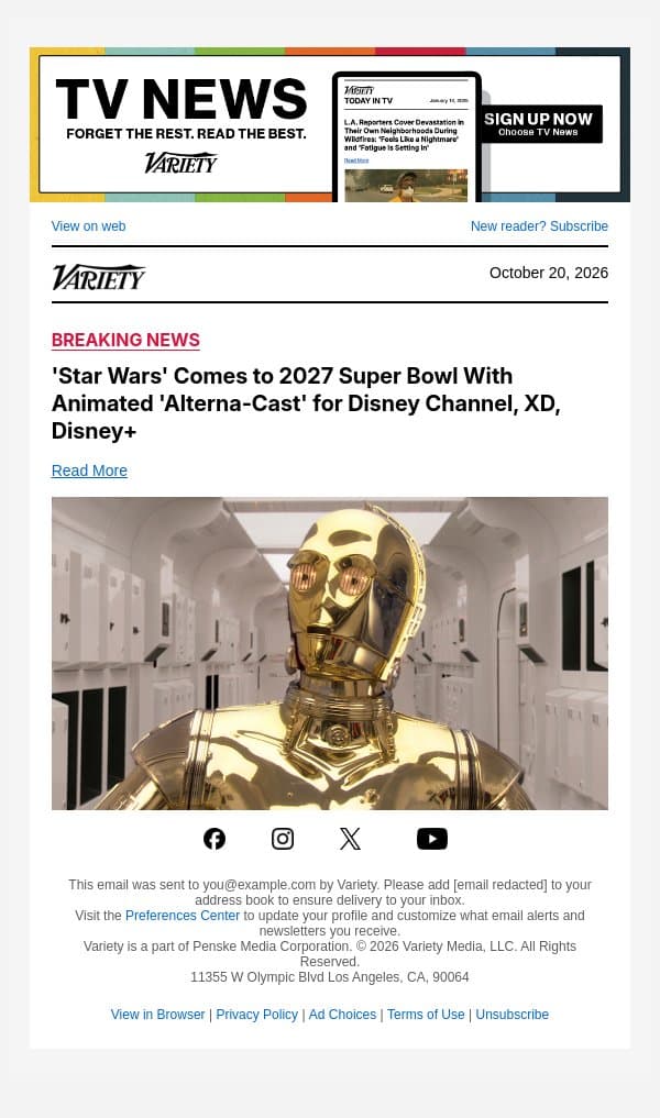 'Star Wars' Comes to 2027 Super Bowl With Animated 'Alterna-Cast' for Disney Channel, XD, Disney+ email from Variety screenshot