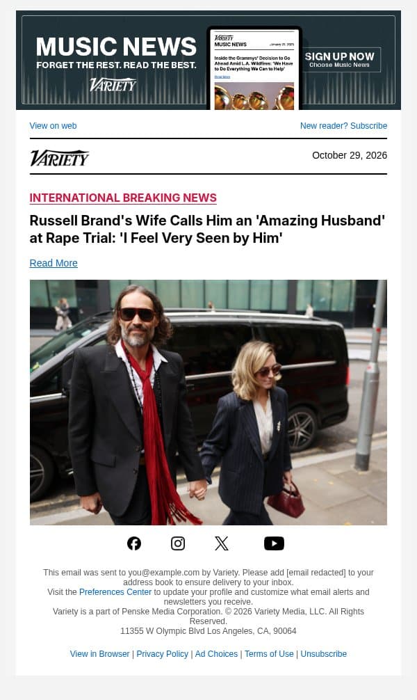 Russell Brand's Wife Calls Him an 'Amazing Husband' at Rape Trial: 'I Feel Very Seen by Him' email from Variety screenshot