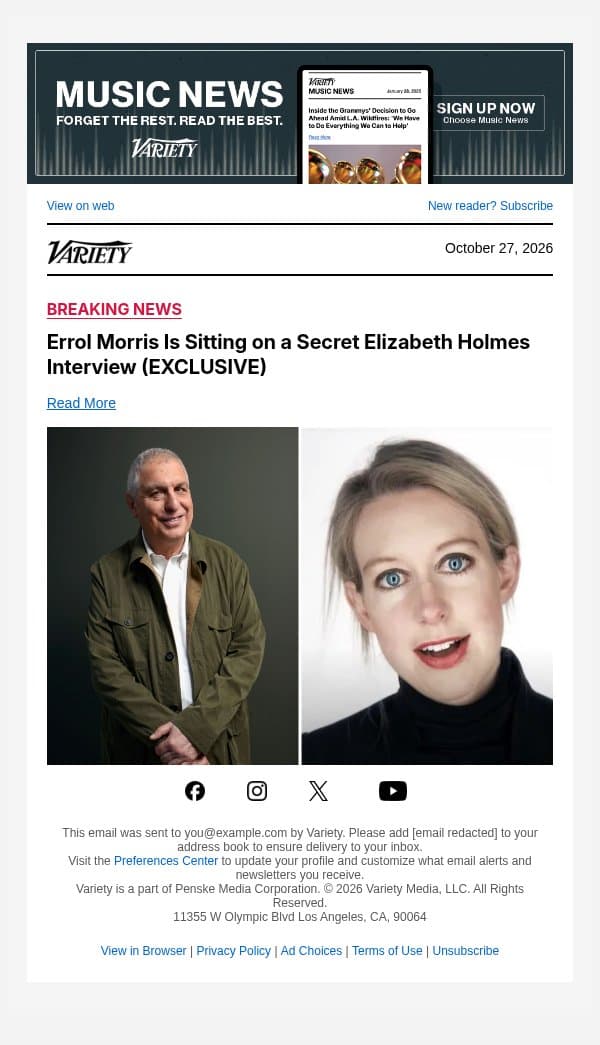 Errol Morris Is Sitting on a Secret Elizabeth Holmes Interview (EXCLUSIVE) email from Variety screenshot