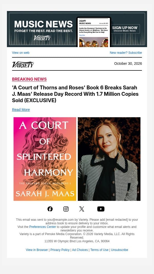 'A Court of Thorns and Roses' Book 6 Breaks Sarah J. Maas' Release Day Record With 1.7 Million Copies Sold (EXCLUSIVE) email from Variety screenshot