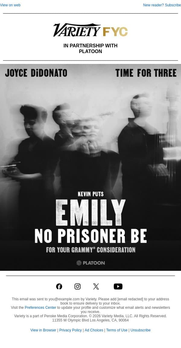 Joyce DiDonato, Time for Three - Kevin Puts: Emily — No Prisoner Be | For Your GRAMMY® Consideration email from Variety screenshot