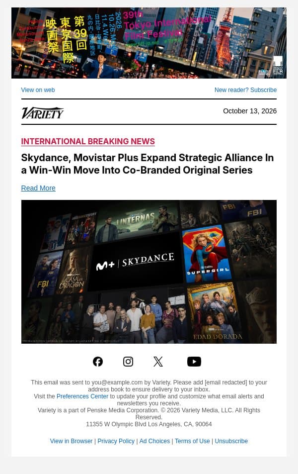 Skydance, Movistar Plus Expand Strategic Alliance In a Win-Win Move Into Co-Branded Original Series email from Variety screenshot