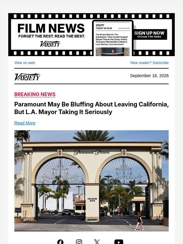 Paramount May Be Bluffing About Leaving California, But L.A. Mayor Taking It Seriously email from Variety
