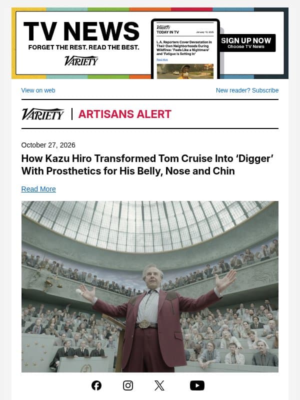 How Kazu Hiro Transformed Tom Cruise Into ‘Digger’ With Prosthetics for His Belly, Nose and Chin email from Variety