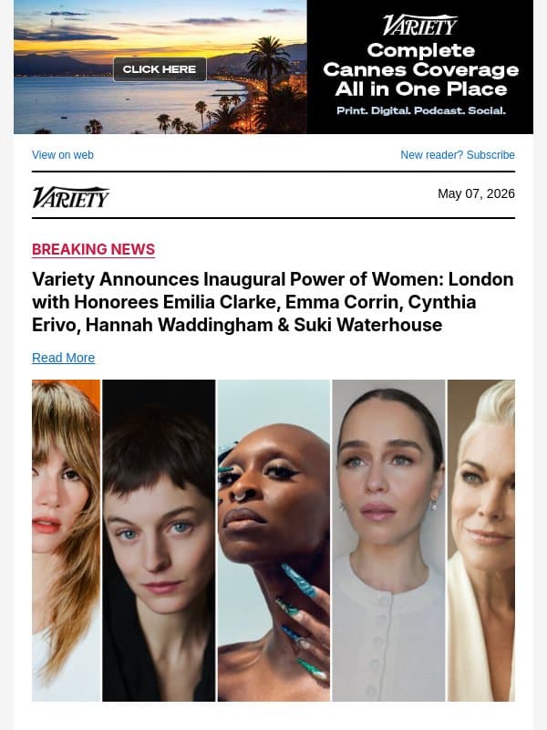 Variety Announces Inaugural Power of Women: London with Honorees Emilia Clarke, Emma Corrin, Cynthia Erivo, Hannah Waddingham and Suki Waterhouse email from Variety