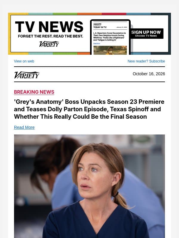 'Grey's Anatomy' Boss Unpacks Season 23 Premiere and Teases Dolly Parton Episode, Texas Spinoff and Whether This Really Could Be the Final Season email from Variety