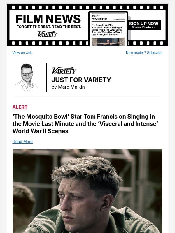 ‘The Mosquito Bowl’ Star Tom Francis on Singing in the Movie Last Minute and the ‘Visceral and Intense’ World War II Scenes email from Variety