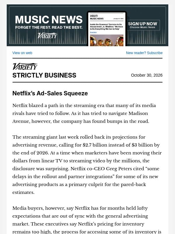 Strictly Business Newsletter & Podcast: Netflix Faces Digital-Ad Squeeze; Skydance Offers Buyouts; Inside Social Rom-Com Series 'Eavesdropping'; Versant Expands FAST; Byron Allen Sells Starz Stake; and More email from Variety