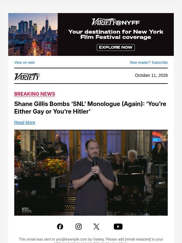 Shane Gillis Bombs ‘SNL’ Monologue (Again): ‘You’re Either Gay or You’re Hitler’ email from Variety