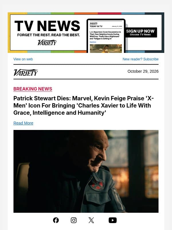 Patrick Stewart Dies: Marvel, Kevin Feige Praise 'X-Men' Icon For Bringing 'Charles Xavier to Life With Grace, Intelligence and Humanity' email from Variety