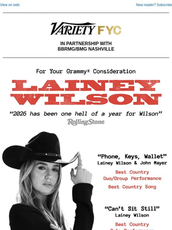 FOR YOUR GRAMMY® CONSIDERATION: LAINEY WILSON email from Variety