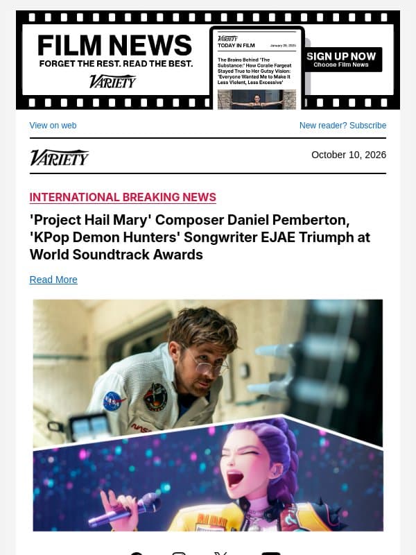 'Project Hail Mary' Composer Daniel Pemberton, 'KPop Demon Hunters' Songwriter EJAE Triumph at World Soundtrack Awards email from Variety