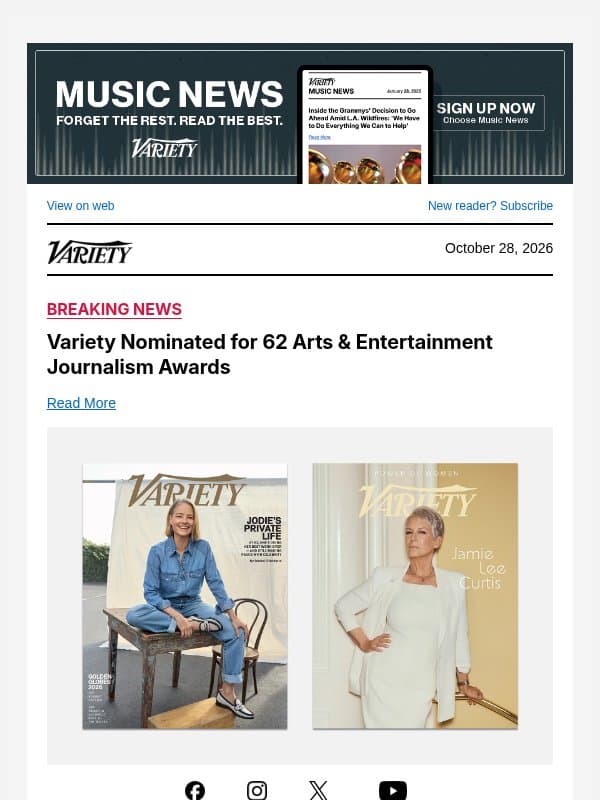 Variety Nominated for 62 Arts & Entertainment Journalism Awards email from Variety