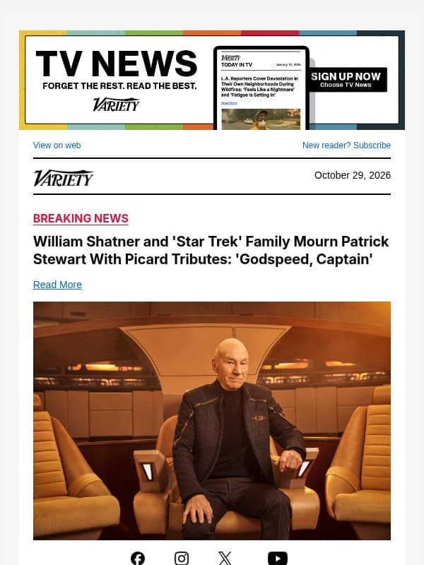William Shatner and 'Star Trek' Family Mourn Patrick Stewart With Picard Tributes: 'Godspeed, Captain' email from Variety