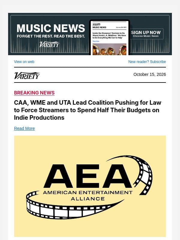 CAA, WME and UTA Lead Coalition Pushing for Law to Force Streamers to Spend Half Their Budgets on Indie Productions email from Variety