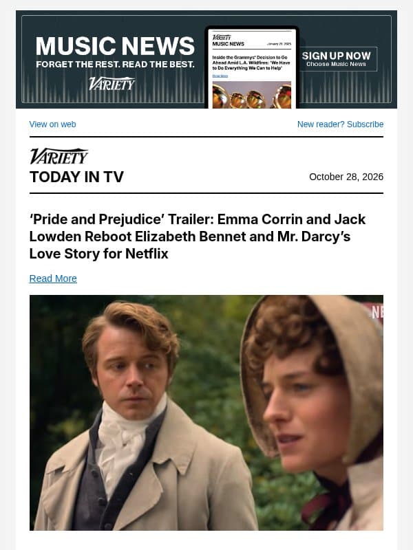 'Pride and Prejudice' Trailer; John Goodman Joins 'The Beast in Me'; Skydance TV Reveals Exec Structure email from Variety