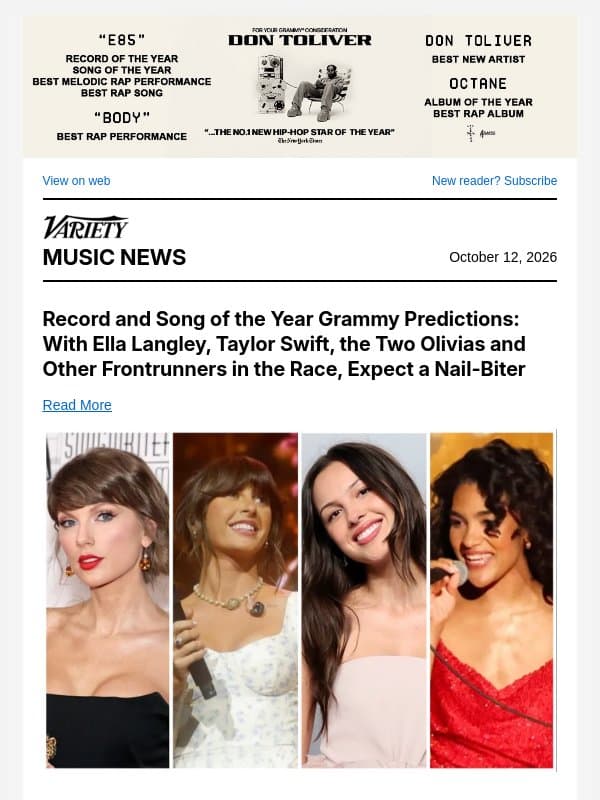 Grammy Record of the Year Predictions; Mike Love Makes What Could Be Last Beach Boys Appearances; Adéla Captivates L.A. in Concert email from Variety