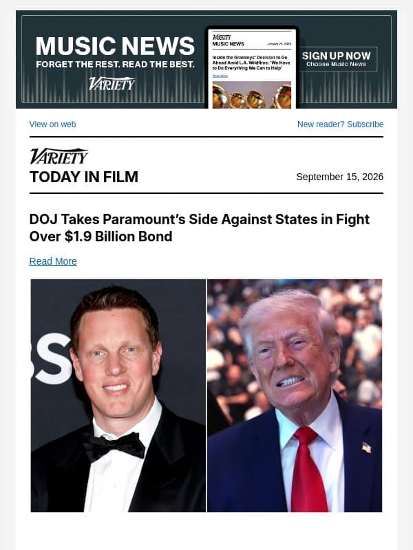 DOJ Joins Paramount Bond Battle; Michael J. Fox Earns Emmys Ovation; Zack Snyder at TIFF email from Variety