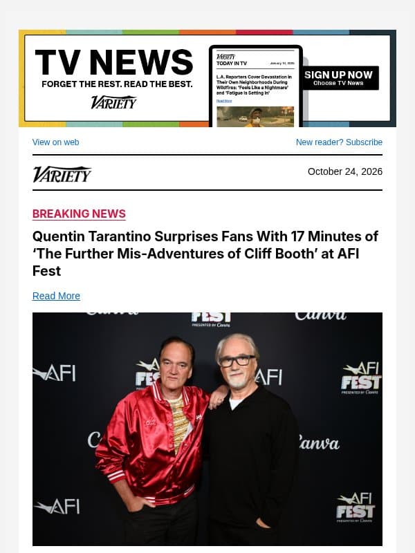 Quentin Tarantino Surprises Fans With 17 Minutes of ‘The Further Mis-Adventures of Cliff Booth’ at AFI Fest email from Variety