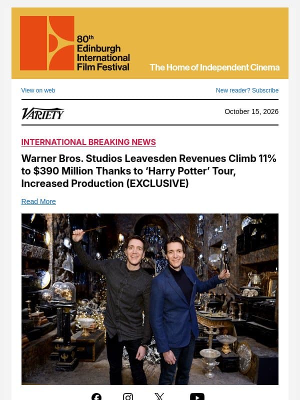 Warner Bros. Studios Leavesden Revenues Climb 11% to $390 Million Thanks to ‘Harry Potter’ Tour, Increased Production (EXCLUSIVE) email from Variety