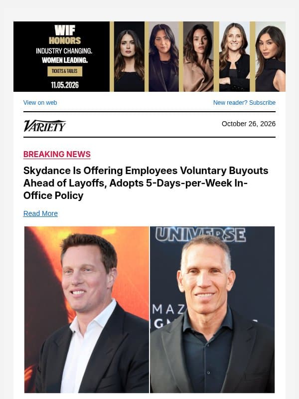 Skydance Is Offering Employees Voluntary Buyouts Ahead of Layoffs, Adopts 5-Days-per-Week In-Office Policy email from Variety