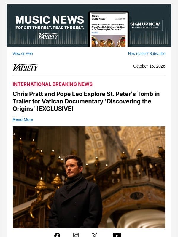 Chris Pratt and Pope Leo Explore St. Peter's Tomb in Trailer for Vatican Documentary 'Discovering the Origins' (EXCLUSIVE) email from Variety
