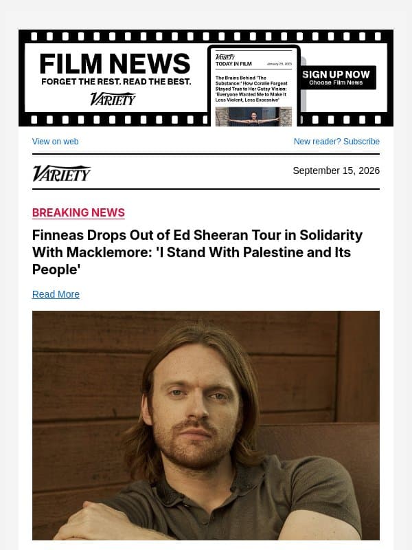 Finneas Drops Out of Ed Sheeran Tour in Solidarity With Macklemore: 'I Stand With Palestine and Its People' email from Variety