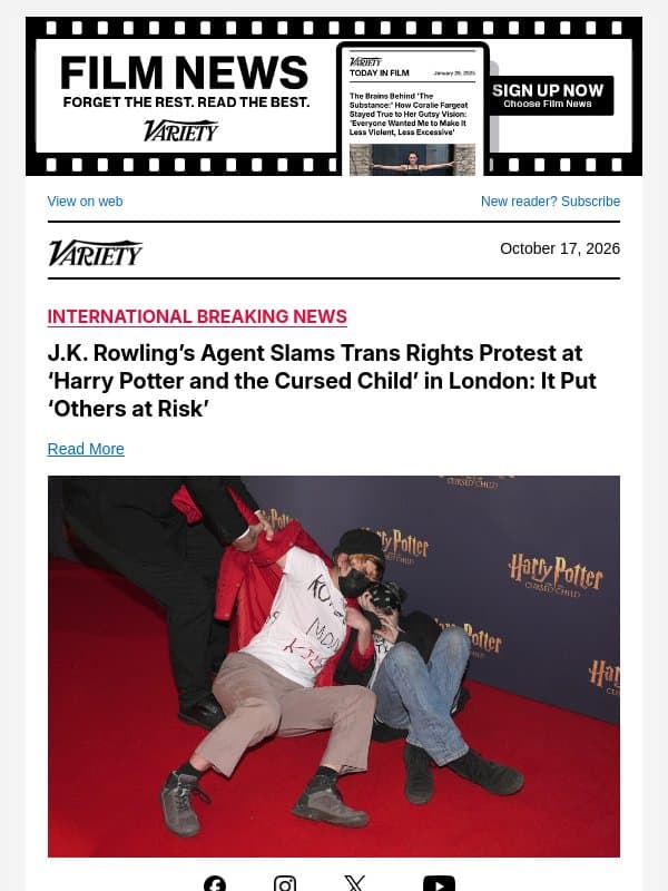 J.K. Rowling’s Agent Slams Trans Rights Protest at ‘Harry Potter and the Cursed Child’ in London: It Put ‘Others at Risk’ email from Variety