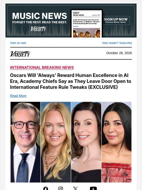Oscars Will 'Always' Reward Human Excellence in AI Era, Academy Chiefs Say as They Leave Door Open to International Feature Rule Tweaks (EXCLUSIVE) email from Variety