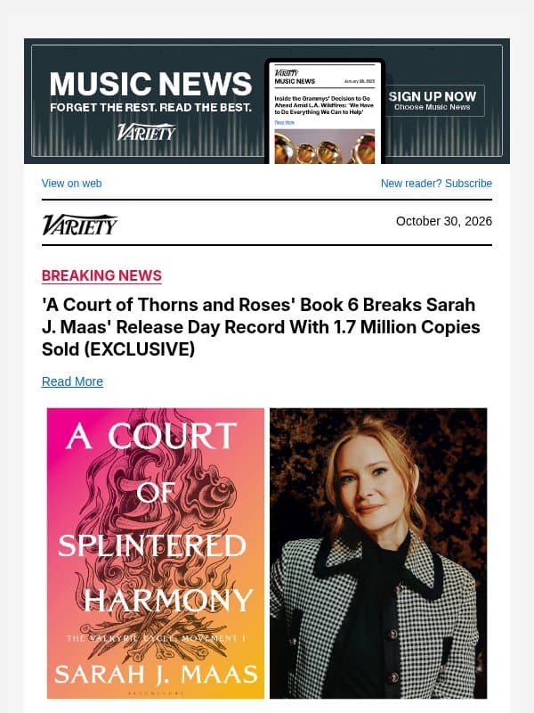 'A Court of Thorns and Roses' Book 6 Breaks Sarah J. Maas' Release Day Record With 1.7 Million Copies Sold (EXCLUSIVE) email from Variety