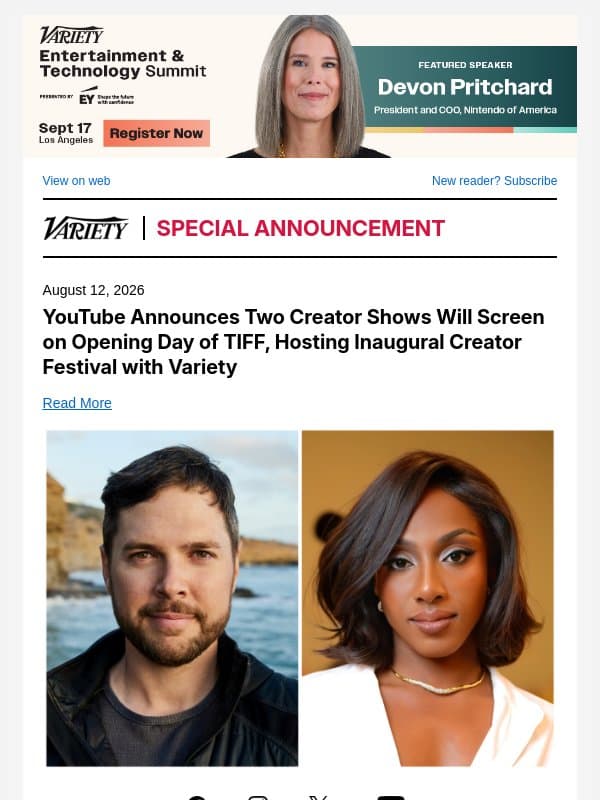 YouTube Announces Two Creator Shows Will Screen on Opening Day of TIFF, Hosting Inaugural Creator Festival with Variety email from Variety