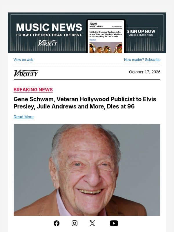 Gene Schwam, Veteran Hollywood Publicist to Elvis Presley, Julie Andrews and More, Dies at 96 email from Variety