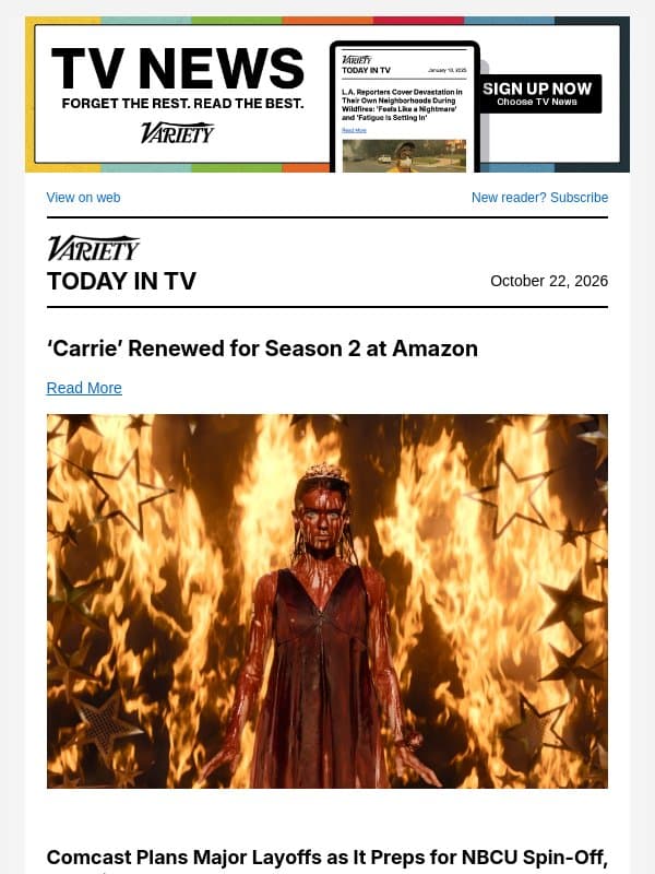 'Carrie' Renewed; Comcast Plans Layoffs; John Mulaney Hosting 'SNL' Again email from Variety