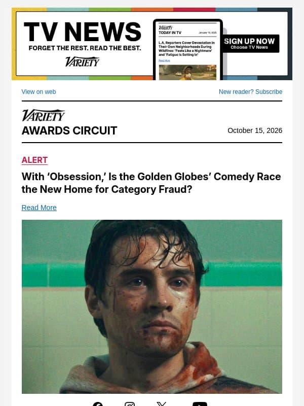 With ‘Obsession,’ Is the Golden Globes’ Comedy Race the New Home for Category Fraud? email from Variety