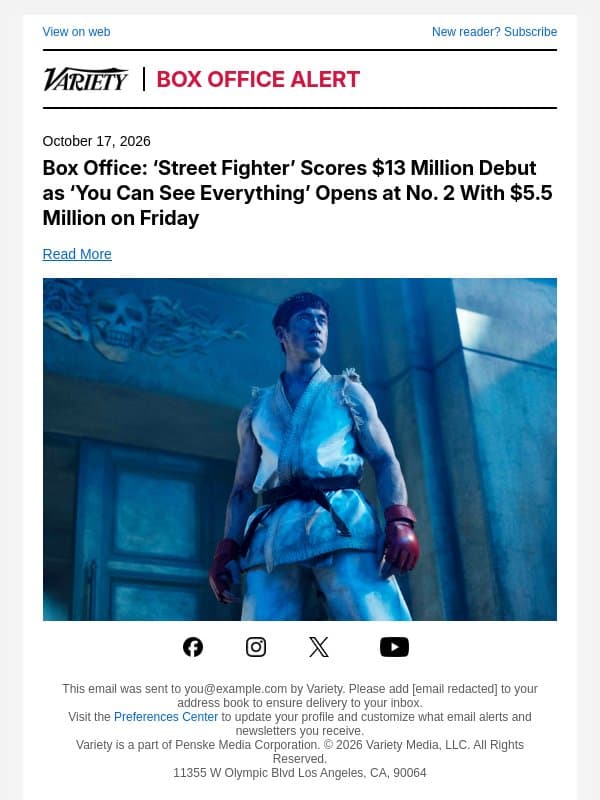Box Office: ‘Street Fighter’ Scores $13 Million Debut as ‘You Can See Everything’ Opens at No. 2 With $5.5 Million on Friday email from Variety