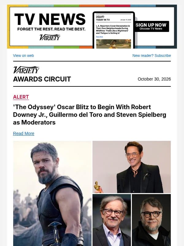 'The Odyssey' Oscar Blitz to Begin With Robert Downey Jr., Guillermo del Toro and Steven Spielberg as Moderators email from Variety