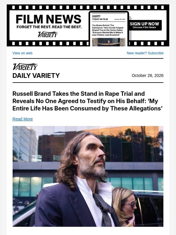 Russell Brand Takes Stand in Rape Trial; 'Pride and Prejudice' Drops Trailer; JLo Has New Single email from Variety