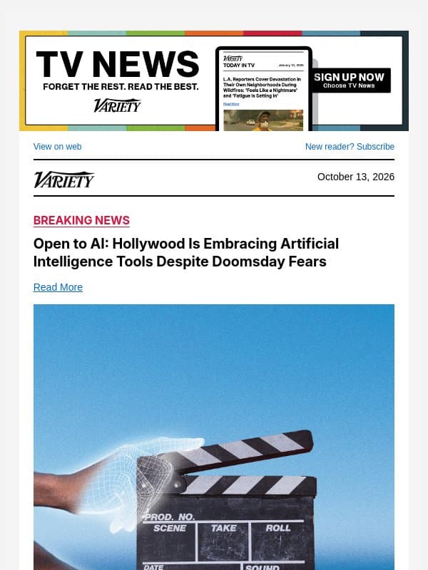 Open to AI: Hollywood Is Embracing Artificial Intelligence Tools Despite Doomsday Fears email from Variety