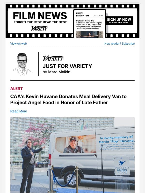 CAA's Kevin Huvane Donates Meal Delivery Van to Project Angel Food in Honor of Late Father email from Variety