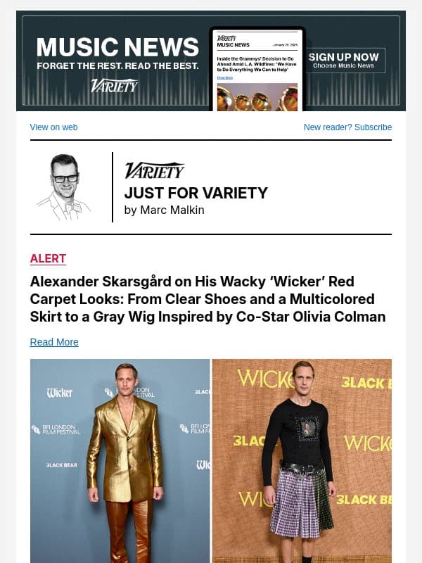 Alexander Skarsgård on His Wacky ‘Wicker’ Red Carpet Looks: From Clear Shoes and a Multicolored Skirt to a Gray Wig Inspired by Co-Star Olivia Colman email from Variety