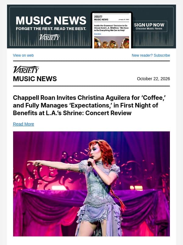 Chappell Roan Teams Up With Christina Aguilera at Benefit; Kacey Musgraves to Release 'Middle of Nowhere' Sequel; John Anderson, RIP email from Variety