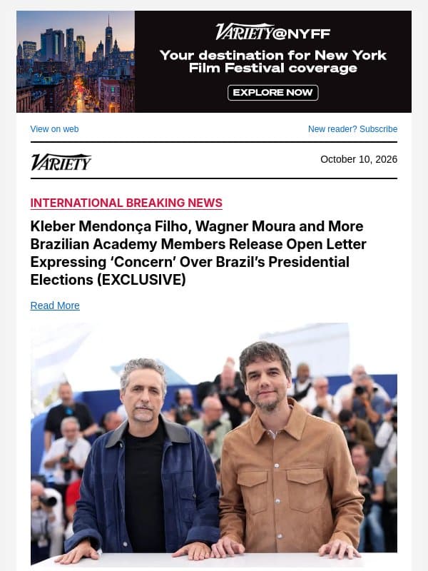 Kleber Mendonça Filho, Wagner Moura and More Brazilian Academy Members Release Open Letter Expressing ‘Concern’ Over Brazil’s Presidential Elections (EXCLUSIVE) email from Variety