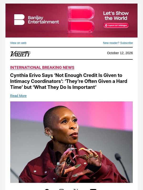 Cynthia Erivo Says ‘Not Enough Credit Is Given to Intimacy Coordinators’: ‘They’re Often Given a Hard Time’ but ‘What They Do Is Important’ email from Variety