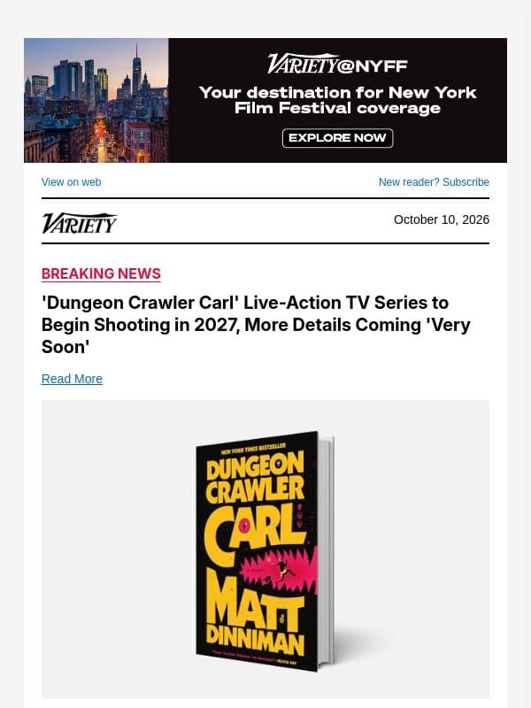 'Dungeon Crawler Carl' Live-Action TV Series to Begin Shooting in 2027, More Details Coming 'Very Soon' email from Variety