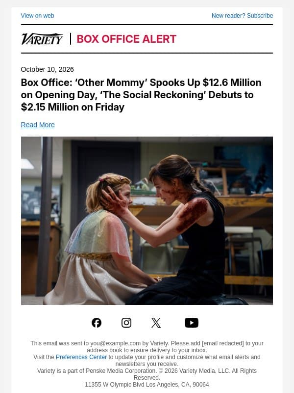 Box Office: ‘Other Mommy’ Spooks Up $12.6 Million on Opening Day, ‘The Social Reckoning’ Debuts to $2.15 Million on Friday email from Variety
