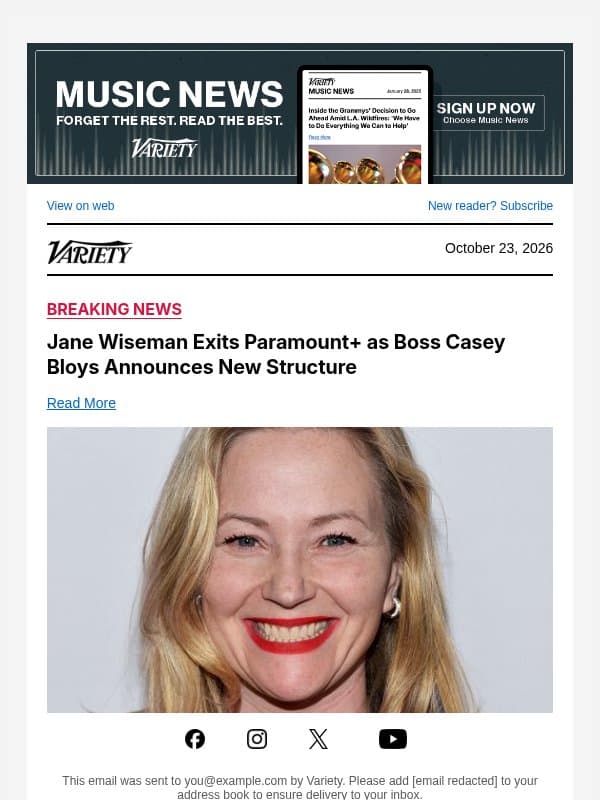 Jane Wiseman Exits Paramount+ as Boss Casey Bloys Announces New Structure email from Variety