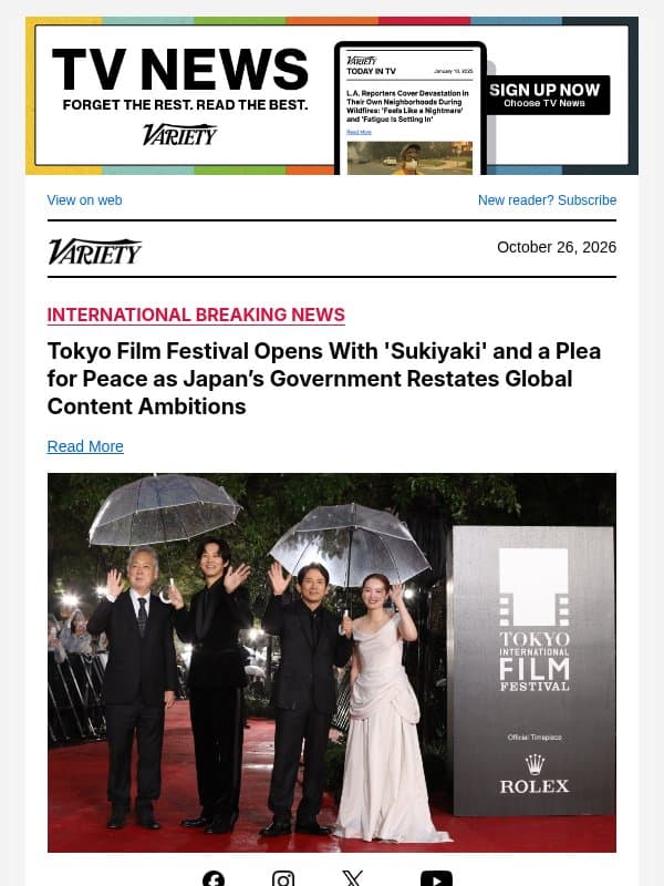 Tokyo Film Festival Opens With 'Sukiyaki' and a Plea for Peace as Japan’s Government Restates Global Content Ambitions email from Variety